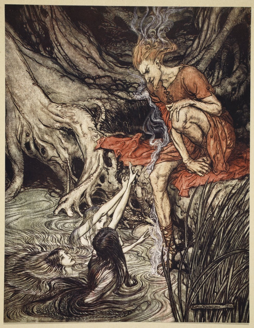 أخبرني أطفال نهر الراين اللامع عن حزنهم ، رسم توضيحي من "نهر الراين و فالكيري" ، 1910 بواسطة آرثر راكهام