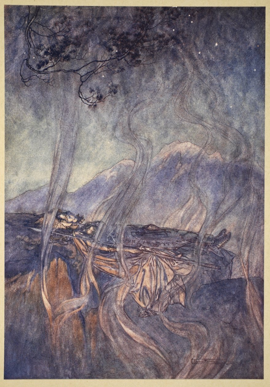 نوم برونهيلد ، رسم توضيحي من &39;The Rhinegold and the Valkyrie&39; ، 1910 بواسطة آرثر راكهام