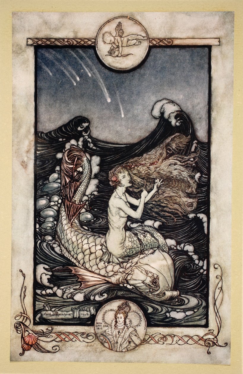 للاستماع إلى موسيقى خادمات البحر ، رسم توضيحي من فيلم "Midsummer Nights Dream" بقلم ويليام شكسبير ، 1908 بواسطة آرثر راكهام