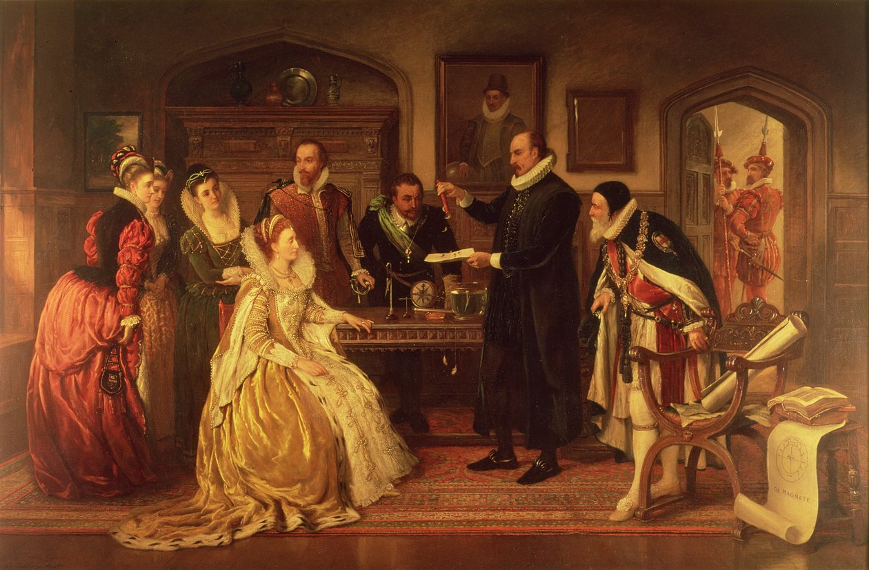 الدكتور ويليام جيلبرت (1544-1603) يعرض تجربته في الكهرباء للملكة إليزابيث الأولى ومحكمتها ، القرن التاسع عشر (انظر التفاصيل 99460) بواسطة آرثر أكلاند هانت