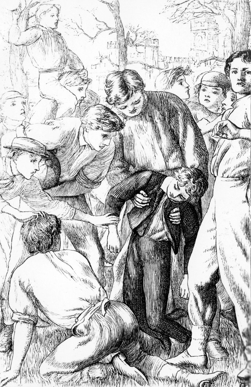 استغلال توم الأول في كرة القدم ، رسم توضيحي من "أيام مدرسة توم براون" لتوماس هيوز (1822-1896) ، طبعة 1869 بواسطة آرثر هيوز