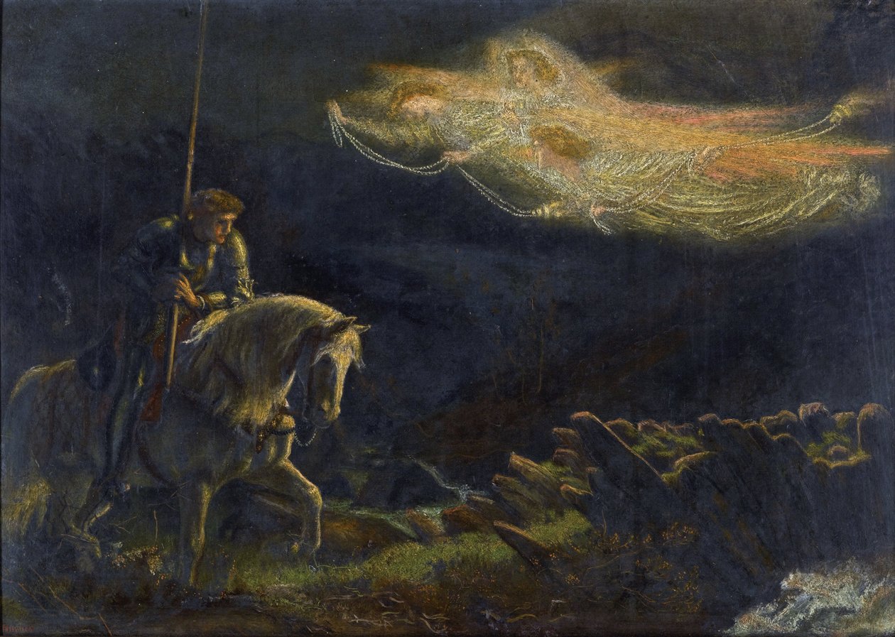 سيدي جالاهاد. La Quete du Saint Graal Sir Galahad. البحث عن الكأس المقدسة par Arthur Hughes (1832-1915) - زيت على خشب ، 30.5x43 - مجموعة خاصة بواسطة آرثر هوغز
