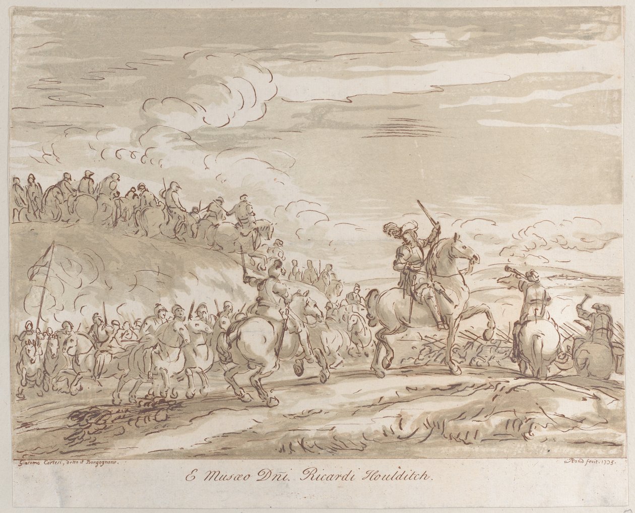 تقدم الفرسان إلى التهمة ، مع شخصية مركزية على ظهور الخيل ترفع السيف ، 1735. ، 1735. بواسطة آرثر بوند