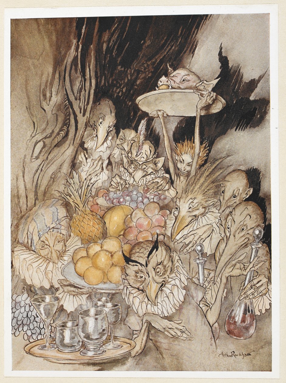 ACT III: Scene III ، السطر 19 أدخل عدة أشكال غريبة ، أحضر مأدبة ... دعوة الملك ونحوه لتناول الطعام. بواسطة آرثر راكهام