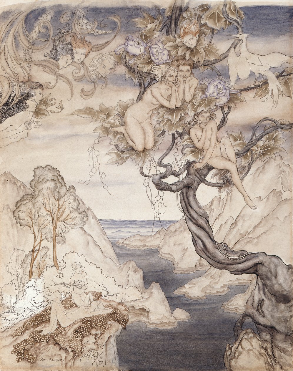 أغنية خرافية ، تم رسمها للفصل الثاني ، المشهد الثاني ، من حلم ليالي منتصف الصيف (قلم وحبر ومرحاض على الورق) بواسطة آرثر راكهام