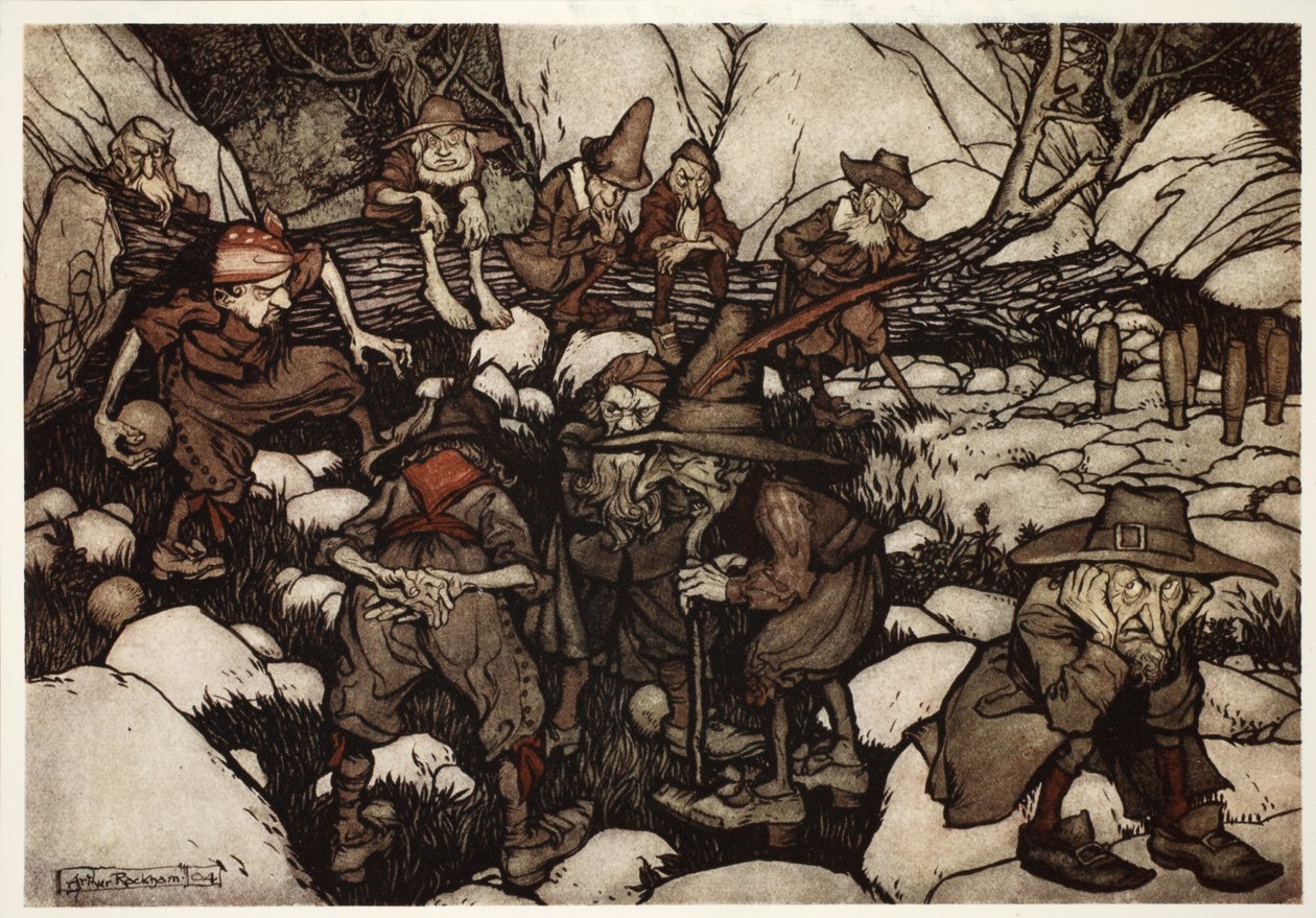 شركة من الأشخاص الغريبين يلعبون في ninepins. ، من Rip Van Winkle by Washington Irving ، حانة. 1910 بواسطة آرثر راكهام
