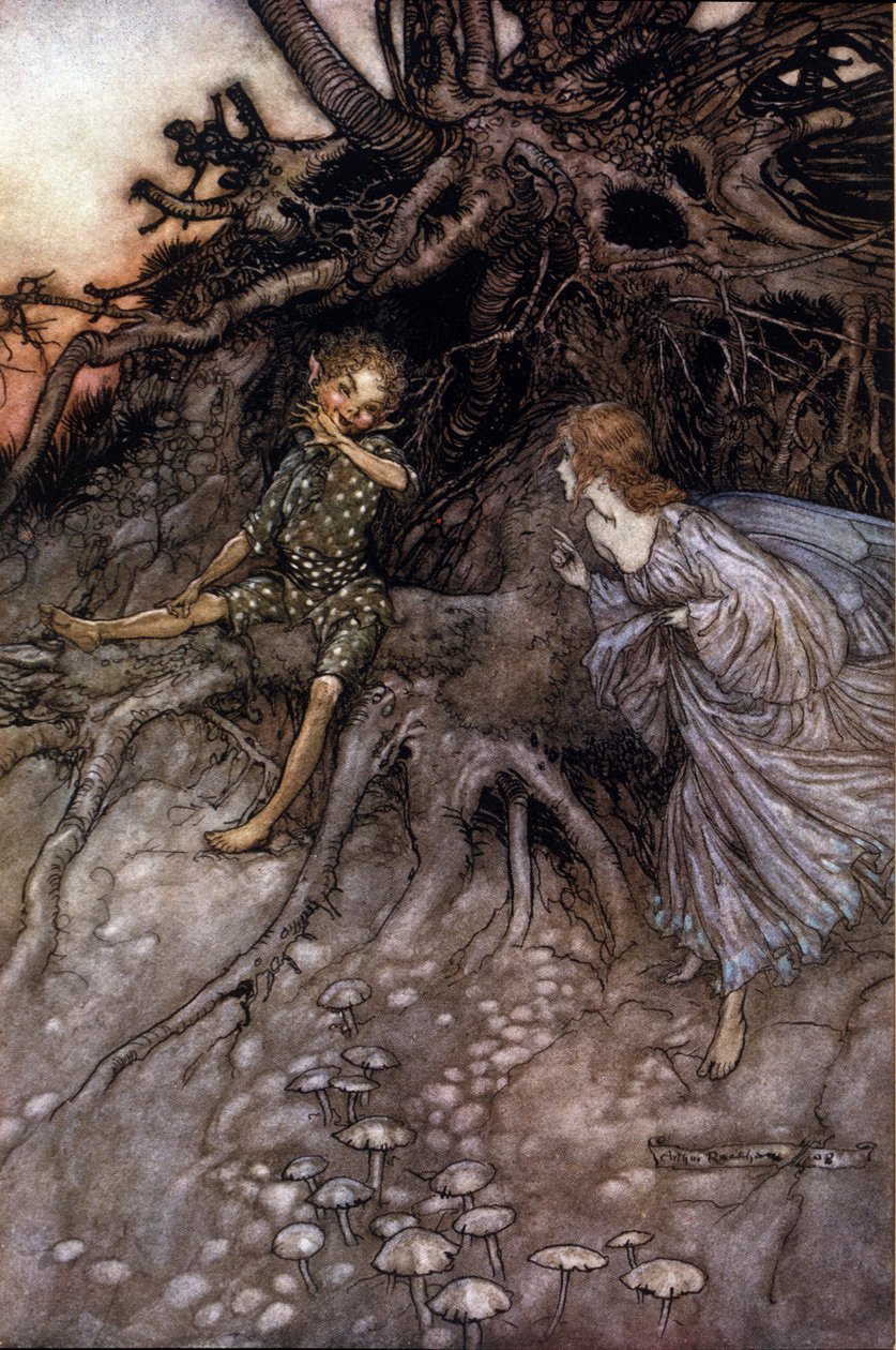 الفصل الثاني ، Scene I Puck & a fairy؛ يعترف باك بأنه "" ذاك المرح الذي يتجول في الليل. " رسم إيضاحي لآرثر راكهام (1867-1939) لحلم ليلة صيفية بقلم ويليام شكسبير بواسطة آرثر راكهام