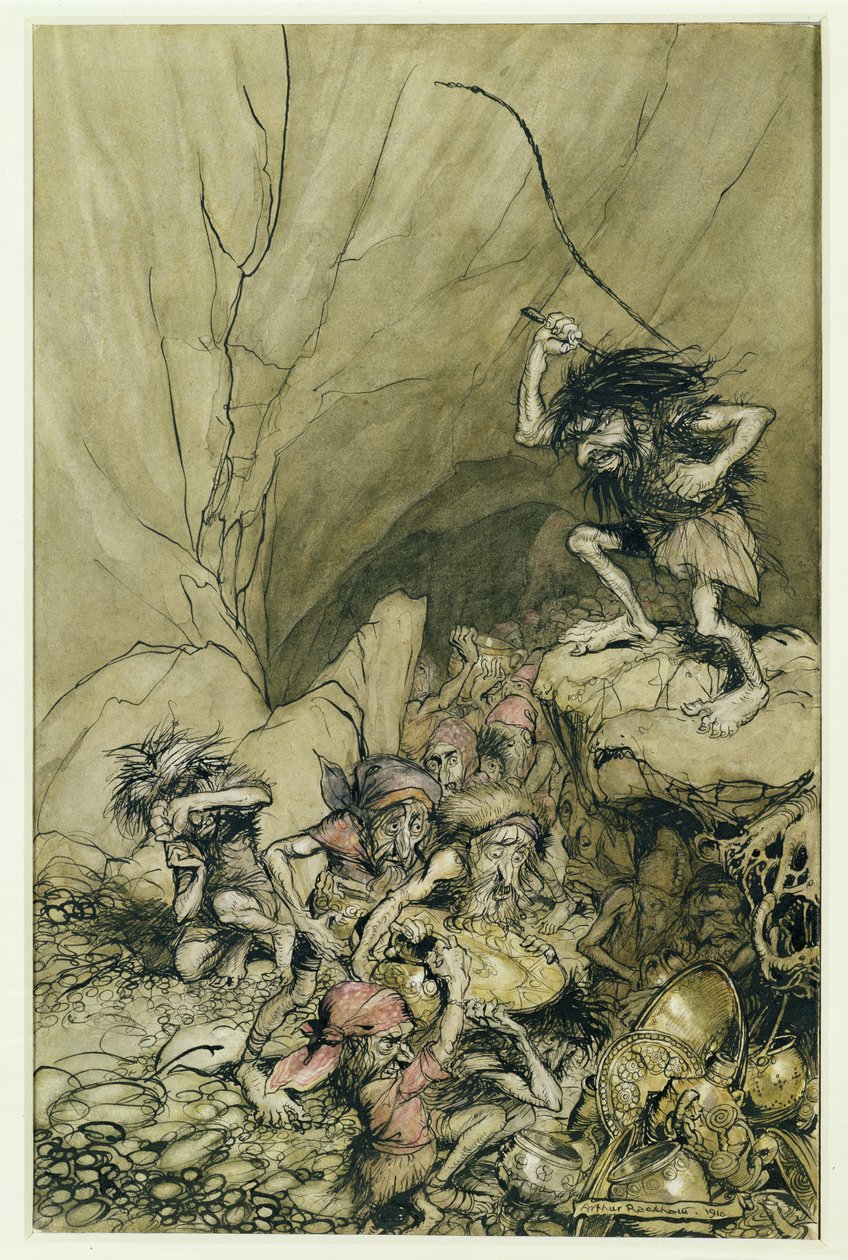 يقود Alberich في فرقة من Nibelungs محملة بكنوز الذهب والفضة ، وهو رسم توضيحي من The Rheingold and the Valkyrie بواسطة Richard Wagner (1813-83) Pub. 1910 (قلم وحبر ، مرحاض) بواسطة آرثر راكهام