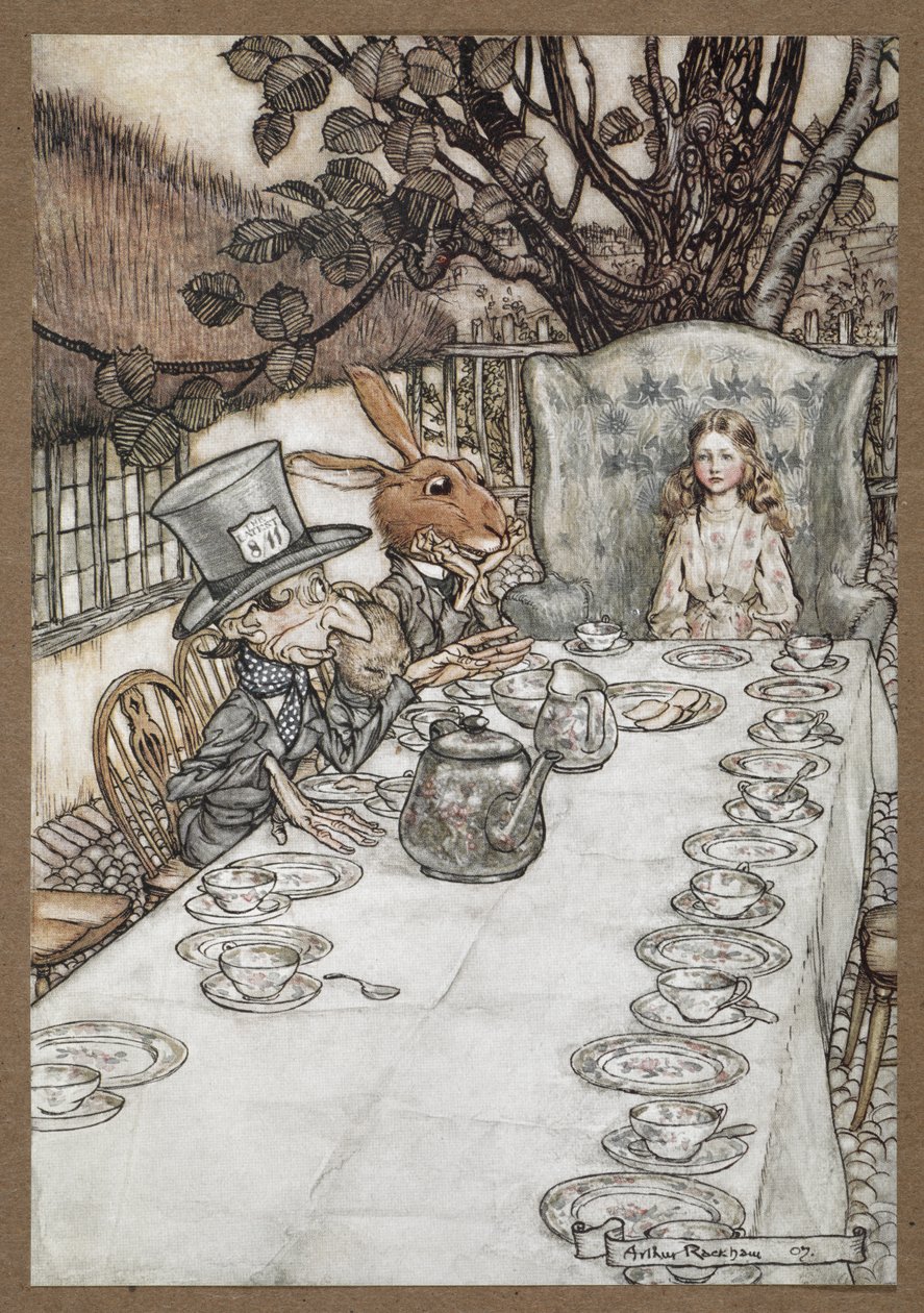 أليس في حفل شاي Mad Hatter مع March Hare و Dormouse و Mad Hatter بواسطة آرثر راكهام