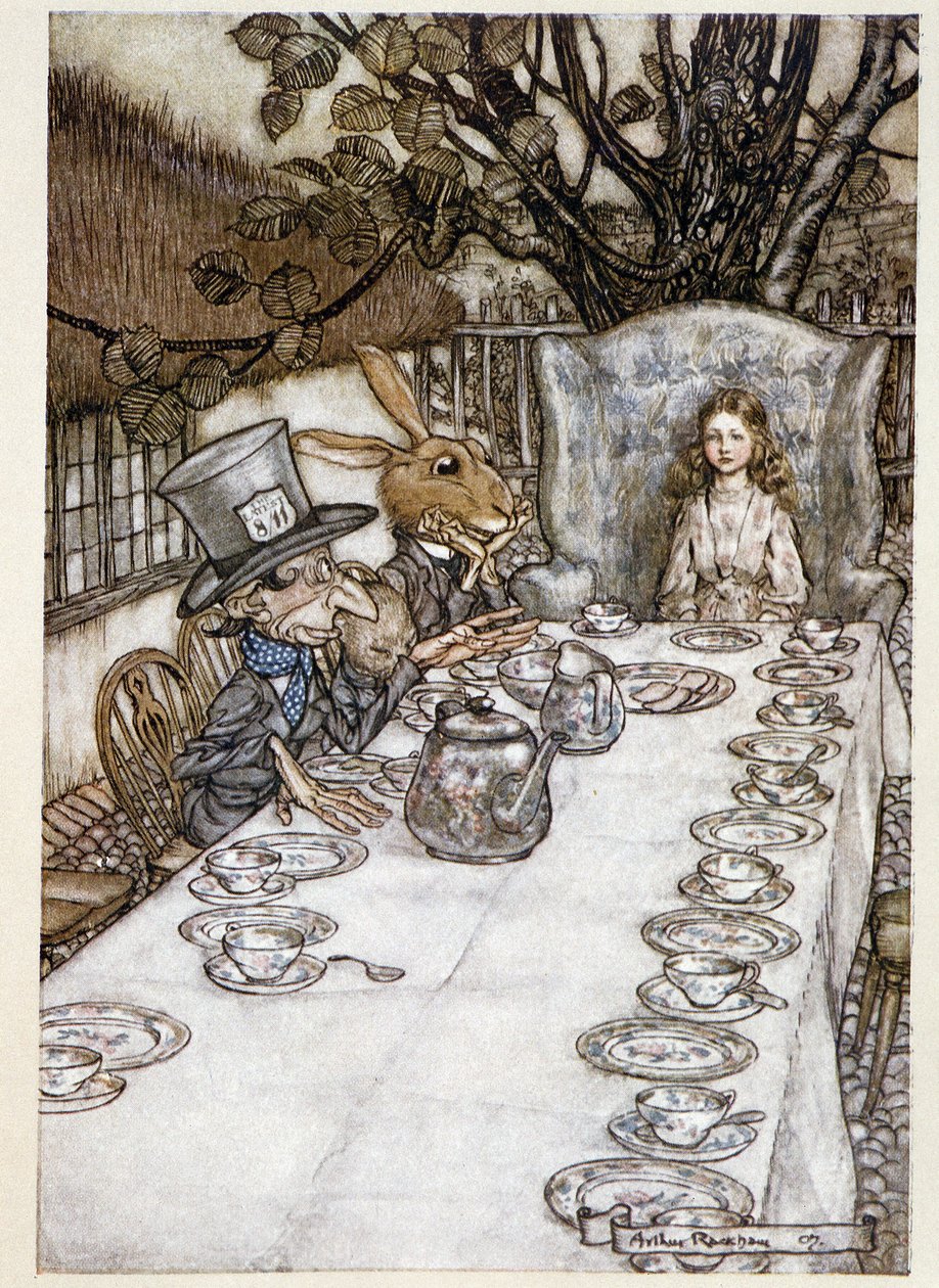 أليس تأخذ "" في الحمقى "" (The Hatter and the Mars Lievre) - في "" مغامرات أليس في بلاد العجائب "" ، لويس كارول ، مريض. بقلم آرثر راكهام (1867-1939) بواسطة آرثر راكهام