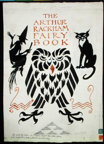 البومة والساحرة وقطتها ، الغلاف الأمامي لكتاب The Arthur Rackham Fairy Book ، نُشر عام 1933 (قلم وحبر مع ألوان مائية ولون جسم وقلم رصاص على ورق) بواسطة آرثر راكهام