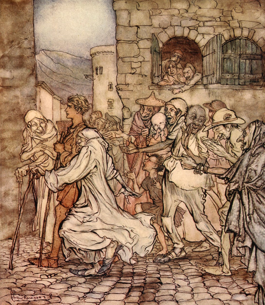 بينما كان بيرسيوس يمشي على طول الناس المدرجين من بعده ، رسم توضيحي من كتاب رائع للفتيات والفتيان ناثانييل هوثورن ، 1928 بواسطة آرثر راكهام