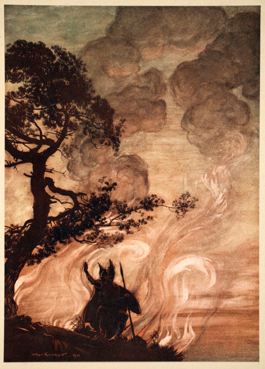 "بينما يتحرك ببطء بعيدًا ، يستدير Wotan وينظر بحزن إلى Brunnhilde" ، 1910. بواسطة آرثر راكهام