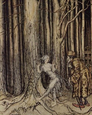 في النهاية قابلت العريس الذي كان يعود ببطء ، رسم توضيحي لـ Fitchers Bird من Little Brother ، Little Sister by the Brothers Grimm ، 1917 (مرحاض ، قلم وحبر) بواسطة آرثر راكهام