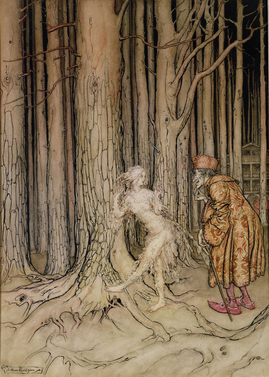 قابلت أخيرًا العريس الذي عاد ببطء ، رسم توضيحي لـ Fitchers Bird ، من Little Brother ، Little Sister ، بواسطة Brothers Grimm ، 1917 (مرحاض وقلم وحبر على ورق) (انظر أيضًا 28797) بواسطة آرثر راكهام