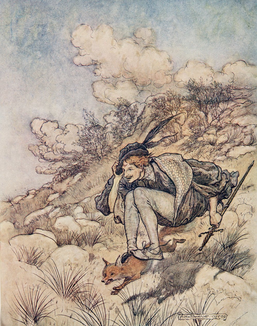 بعيدًا ، طاروا فوق المخزون والحجر ، وبسرعة جعلت صفير شعره في مهب الريح ، من The Fairy Tales of the Brothers Grimm ، حانة. 1909 بواسطة آرثر راكهام