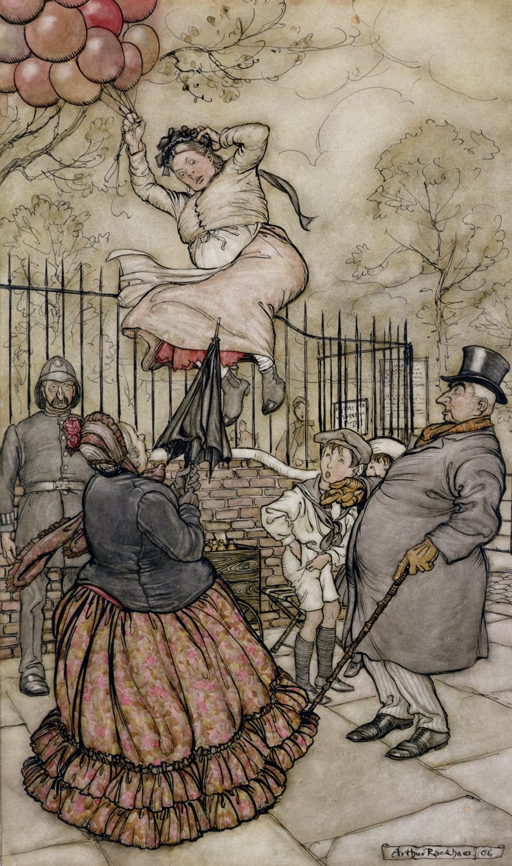 بالونات ، رسم توضيحي من بيتر بان في حدائق كينسينغتون ، بقلم جي إم باري ، نُشر عام 1906 (قلم وحبر ومرحاض على ورق) بواسطة آرثر راكهام
