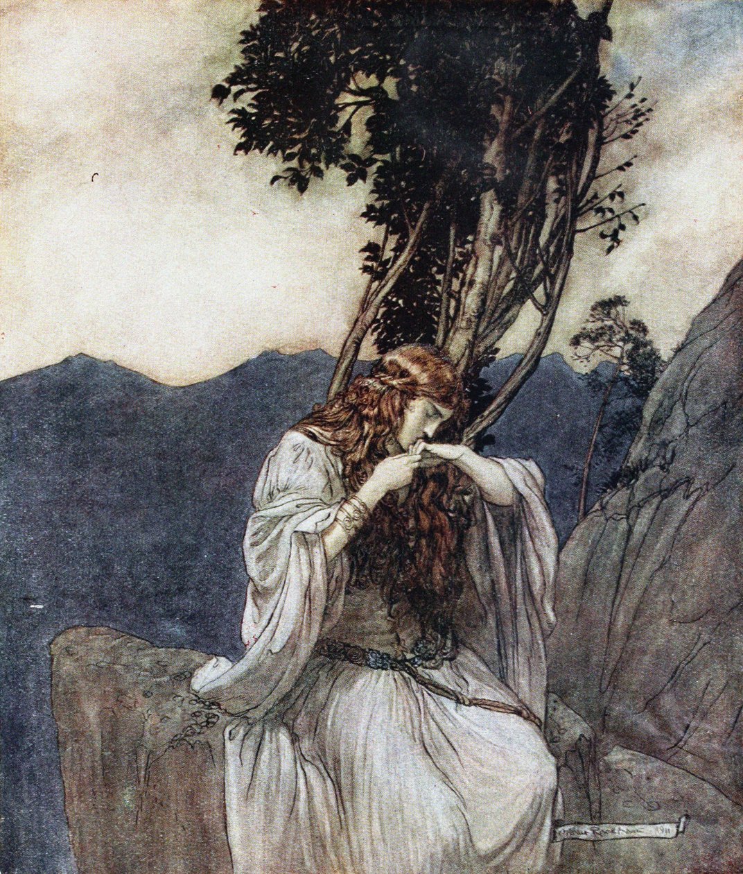 تقبّل برونهيلد الحلقة التي تركتها سيغفريد معها. رسم توضيحي لـ Siegfried و The Twi بواسطة آرثر راكهام