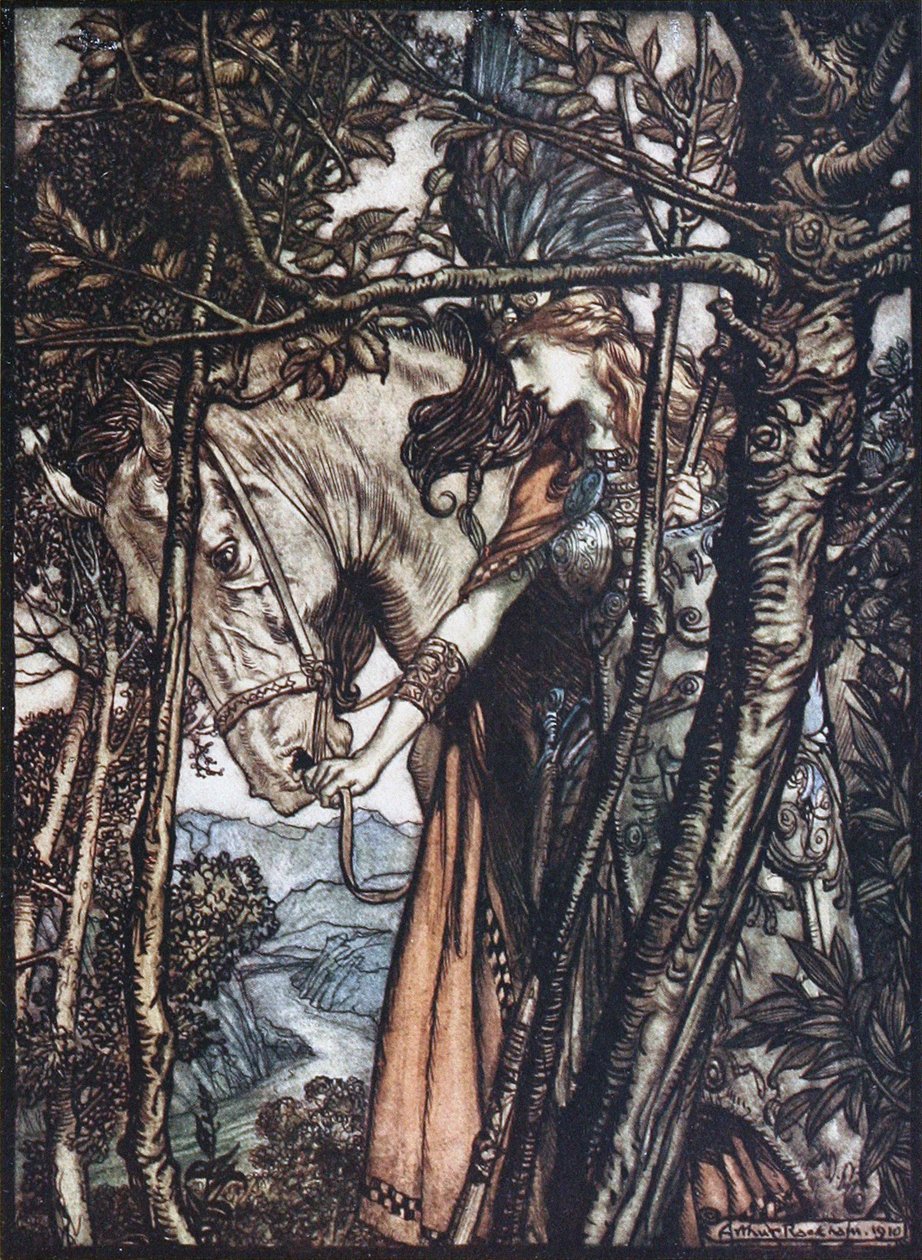 تقود Brünnhilde حصانها بجانب اللجام. رسم توضيحي لـ The Rhinegold and The Valkyrie بواسطة Richa بواسطة آرثر راكهام