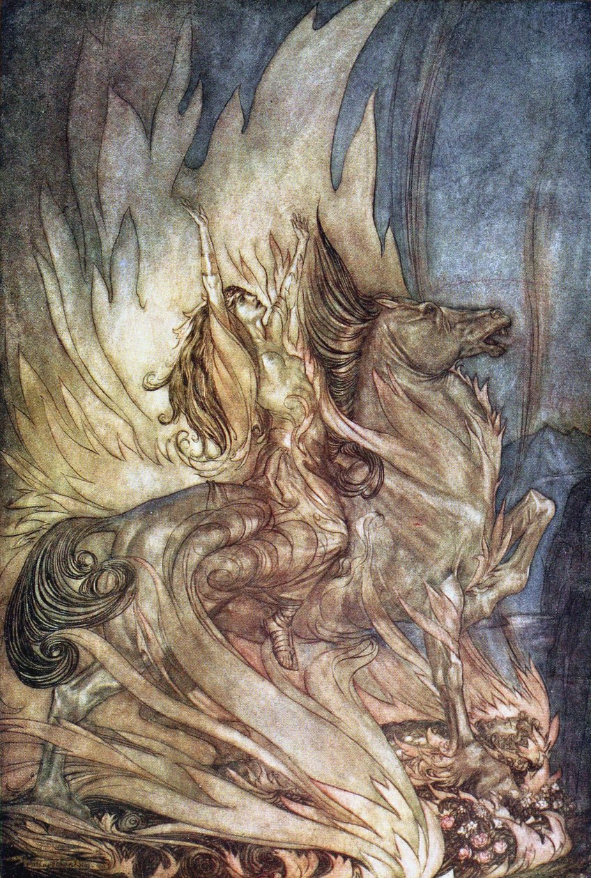 يقفز Brünnhilde على Grane على جنازة Siegfried. رسم توضيحي لـ Siegfried و The Tw بواسطة آرثر راكهام