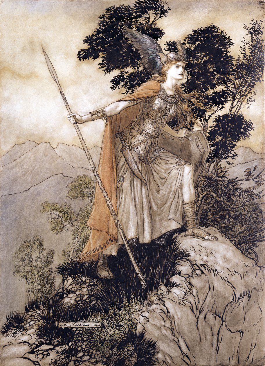 برونهيلد ، رسم توضيحي من The Rhinegold and the Valkyrie بقلم ريتشارد فاجنر ، 1910 (قلم وحبر ، مرحاض على ورق) بواسطة آرثر راكهام