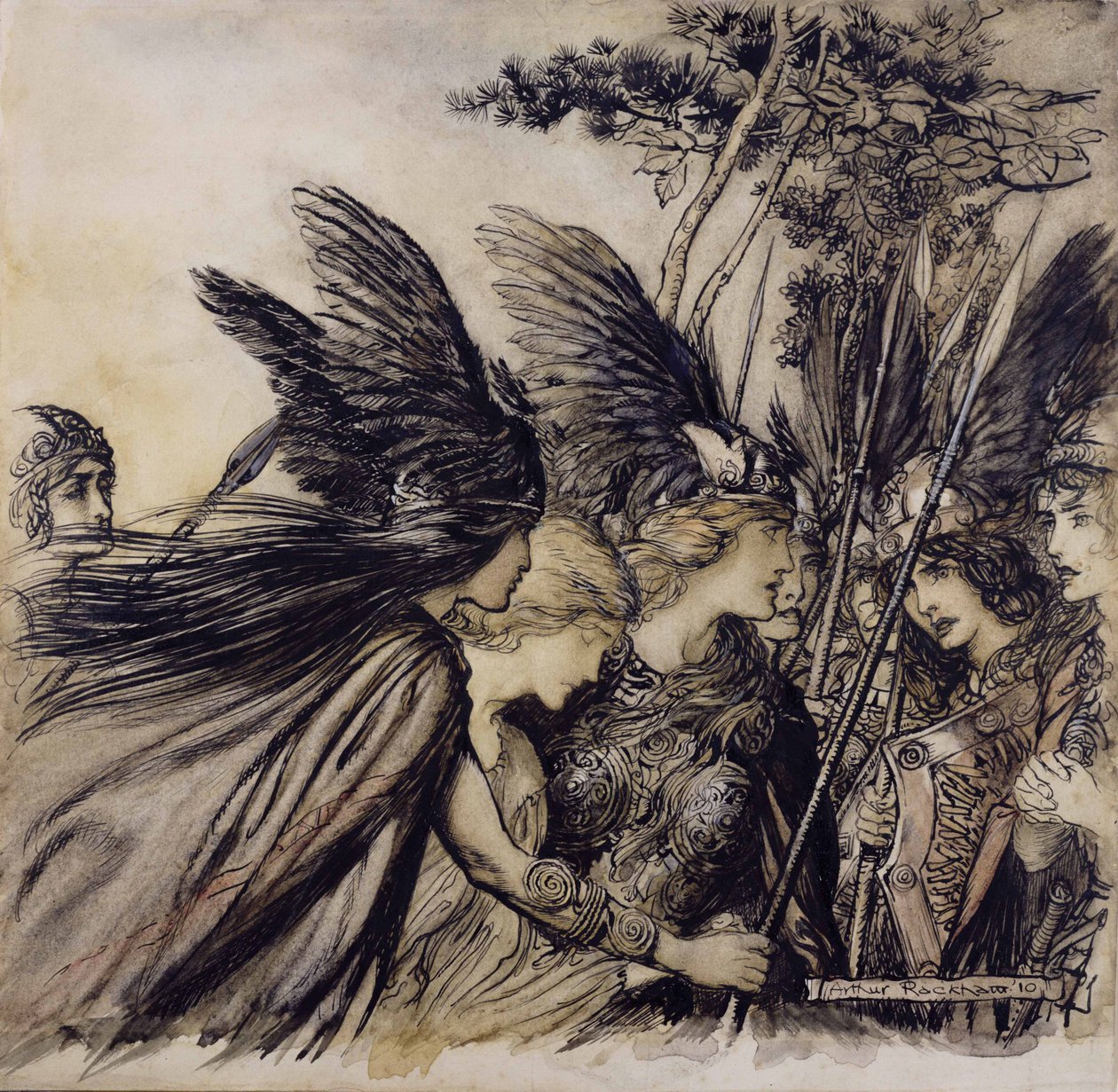 Brunnhilde يستكشف Valkyries ، التوضيح من The Rhinegold and the Valkyrie ، بقلم ريتشارد فاجنر ، طبعة نشرت عام 1910 (قلم وحبر ومرحاض على الورق) بواسطة آرثر راكهام
