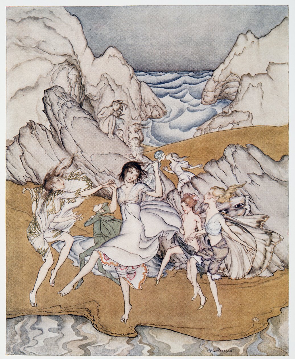 تعال إلى هذه الرمال الصفراء التوضيحية من William Shakespeares The Tempest ، الحانة. 1926 بواسطة آرثر راكهام