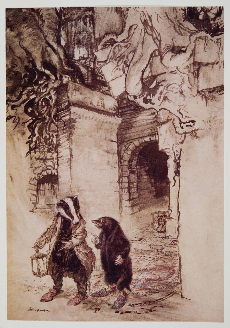 عبروا القاعة ، مروا عبر أحد الأنفاق الرئيسية ، من Wind in the Willows بواسطة Kenneth Grahame (1859 - 1932) ، حانة. 1940 بواسطة آرثر راكهام