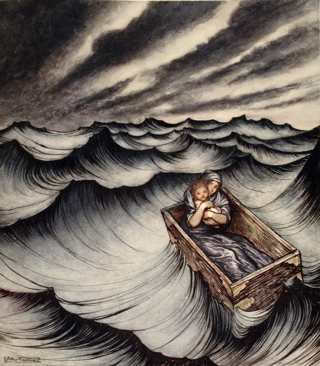 Danae صفقت طفلها عن كثب ، رسم توضيحي من 'A Wonder Book for Girls and Boys' لـ Nathaniel Hawthorne بواسطة آرثر راكهام