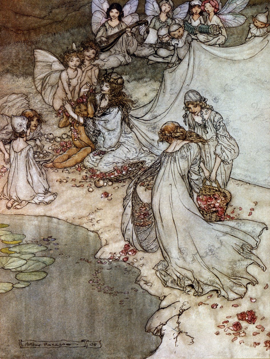 الجان يصنعون قلادات الورد. رسم إيضاحي لآرثر راكهام (1867-1939) لحلم ليلة صيفية بقلم ويليام شكسبير بواسطة آرثر راكهام