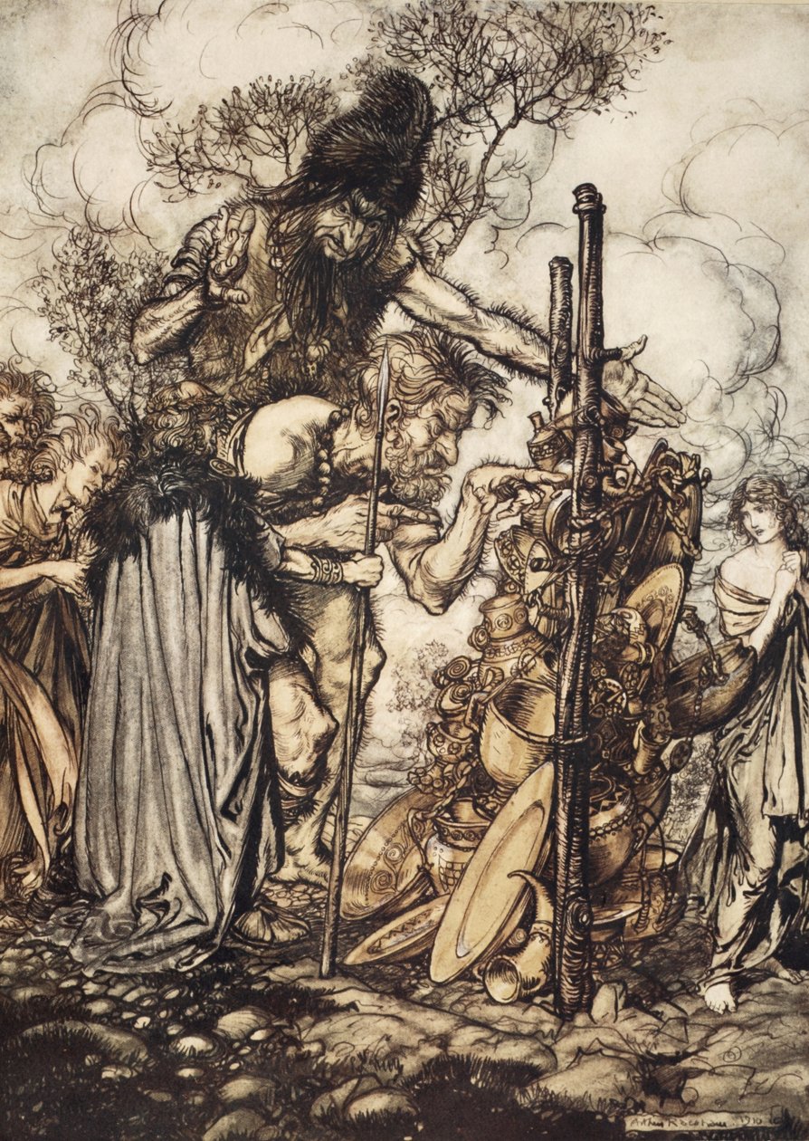 فافنر: "مرحبًا! تعال إلى هنا ، وأوقفني عن هذا المرفاع! "، التوضيح من" The Rhinegold and the Valkyrie "، 1910 بواسطة آرثر راكهام