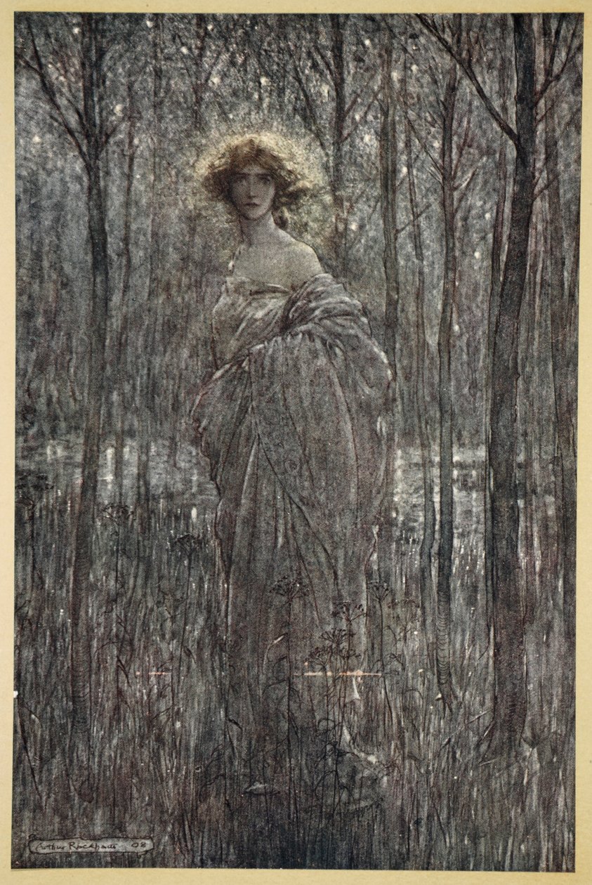 Fair Helena ، التي تنغمس في الليل أكثر من كل ما لديك من عيون نارية نارية وعين من الضوء ، صورة توضيحية من فيلم "Midsummer Nights Dream" بقلم ويليام شكسبير ، 1908 بواسطة آرثر راكهام