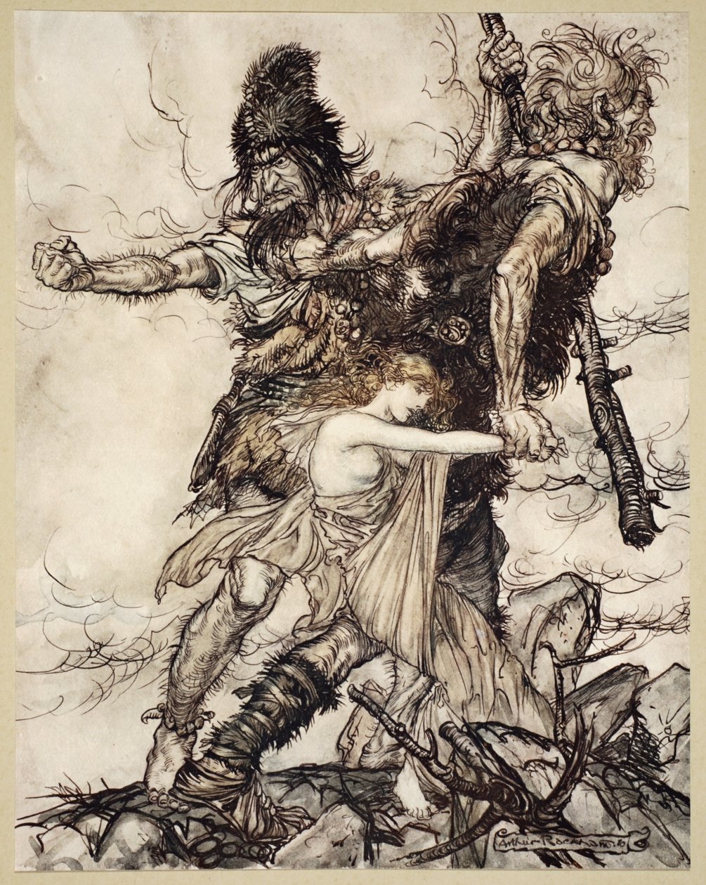 استولى فاسولت فجأة على فريا وسحبها إلى جانب واحد مع فافنر ، رسم توضيحي من &39;The Rhinegold and the Valkyrie&39; ، 1910 بواسطة آرثر راكهام