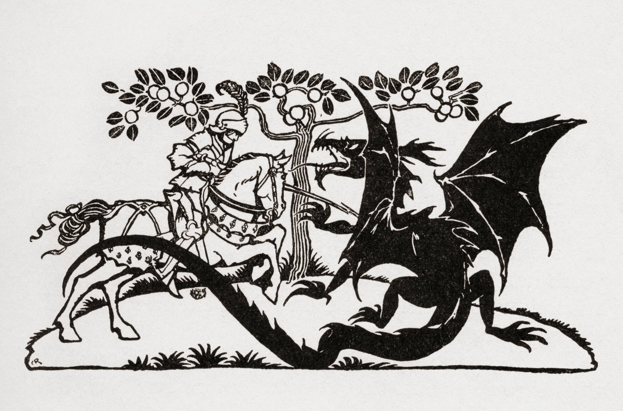جورج والتنين. من كتاب English Fairy Tales الذي أعاد FA Steel روايته برسوم إيضاحية من تأليف Arthur Rackham ، نُشر عام 1927. بواسطة آرثر راكهام