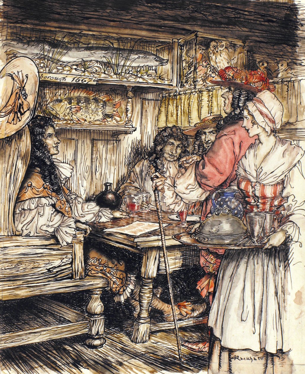 اذهب وشاهد في أحد المقاهي في King Street في وستمنستر ، رسم توضيحي من The Compleat Angler بقلم إسحاق والتون ، 1931 (قلم وحبر وألوان مائية على ورق) بواسطة آرثر راكهام