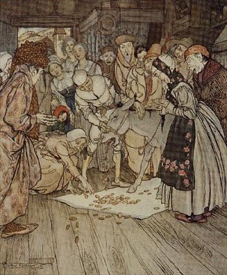 "قطع الذهب سقطت على القماش" رسم توضيحي لـ "طاولة الغسيل ، الحمار الذهبي وهراوة" من Fairy Tales of the Brothers Grimm بواسطة آرثر راكهام