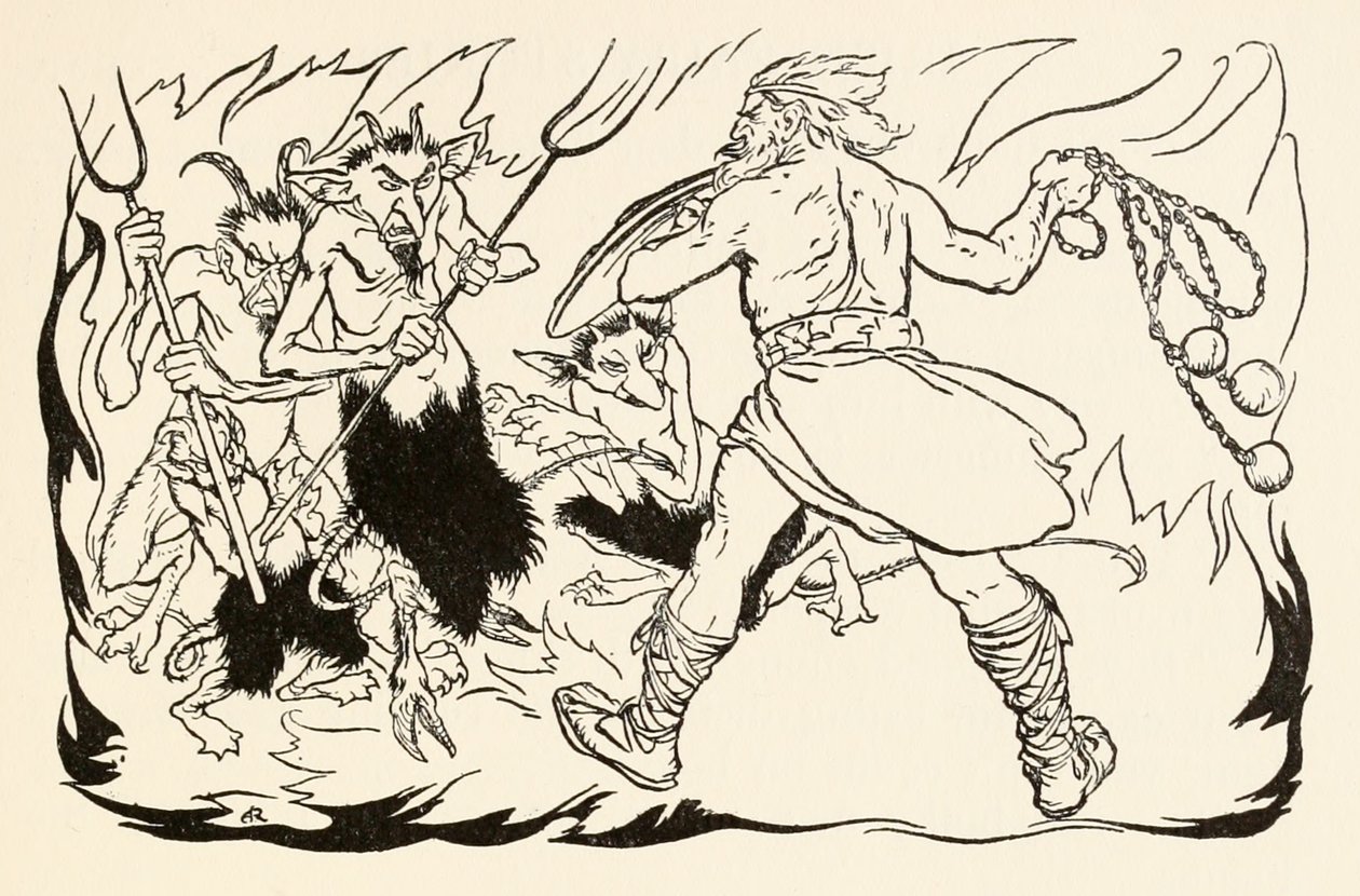 غول ماك مورنا يعتدي على جهنم لإنقاذ فيون و Fianna-Finn ، من The Little Brawl at Allen in Irish Fairy Tales بواسطة آرثر راكهام