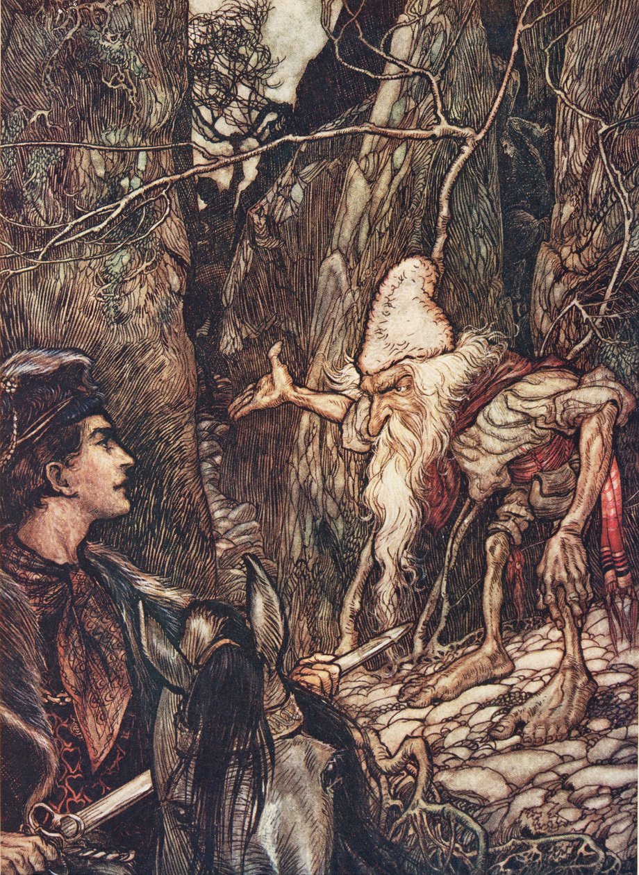 قزم جيد ، ألا يمكنك أن تخبرني أين إخواني؟ من حكايات الإخوة جريم ، حانة. 1909 بواسطة آرثر راكهام