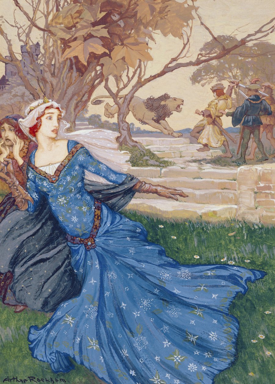 Guinevere أنقذها La Cote Male Taile ، رسم توضيحي من مجموعة من القصص من حكايات قديمة: Grimm ، Andersen and Stories of King Arthur ، تم نشره عام 1905 (لون الجسم على الورق) بواسطة آرثر راكهام