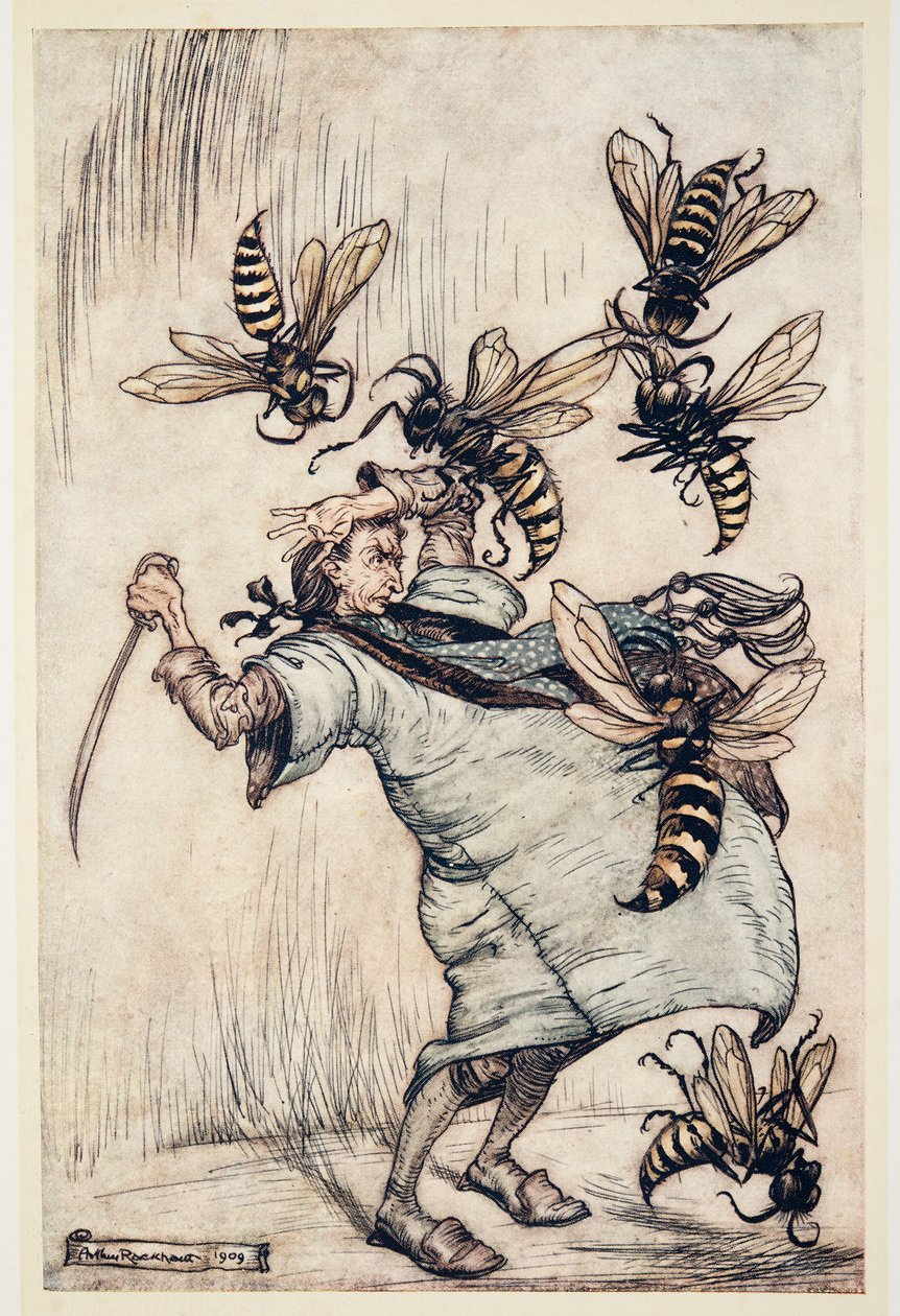 معركة جاليفر مع الدبابير ، من رحلات جاليفر لجوناثون سويفت (1667 - 1745) ، حانة. 1909 (لون ليثو) بواسطة آرثر راكهام