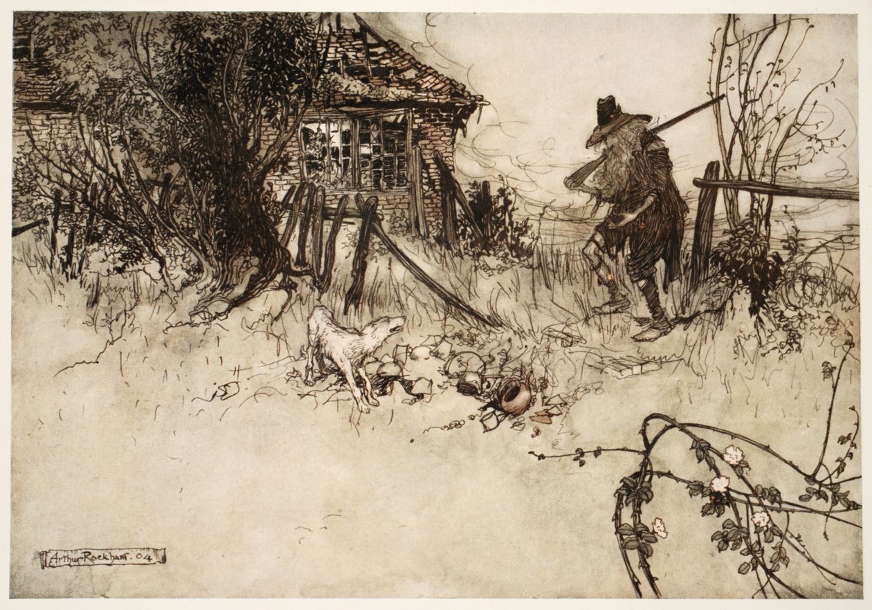 لقد وجد المنزل قد ذهب إلى التحلل؟ لقد نسيني كلبي ، المسكين ريب المسكين ، من Rip Van Winkle by Washington Irving ، حانة. 1910 بواسطة آرثر راكهام