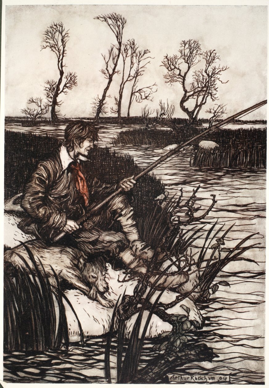 كان يجلس على صخرة وأسماك مبللة طوال اليوم. ، من Rip Van Winkle by Washington Irving ، حانة. 1910 بواسطة آرثر راكهام