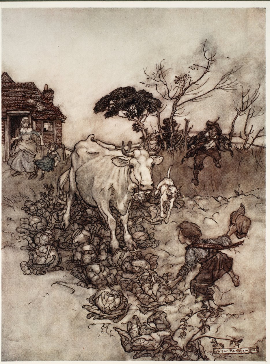كانت بقرته تضل أو تتنقل بين الملفوف. ، من حانة Rip Van Winkle by Washington Irving ، حانة. 1910 بواسطة آرثر راكهام
