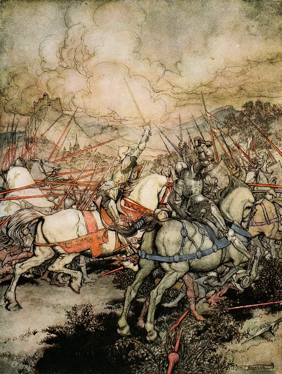 كيف رسم آرثر سيفه ، Excalibur ، لأول مرة ، التوضيح من "الرومانسية للملك آرثر وفرسان المائدة المستديرة" ألفريد دبليو بولارد ، 1910 بواسطة آرثر راكهام