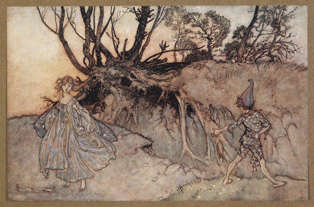 "كيف الآن يا روح! إلى أين تتجول أنت؟ عفريت وجنية. مشهد من فيلم A Midsummer Night