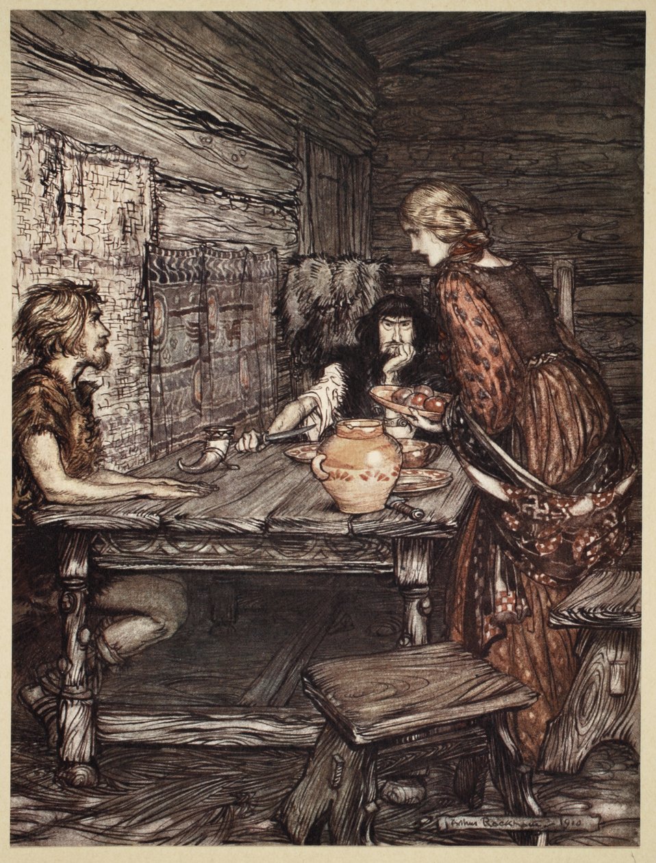 يكتشف Hunding الشبه بين Siegmund و Sieglunde ، التوضيح من "The Rhinegold and the Valkyrie" ، 1910 بواسطة آرثر راكهام