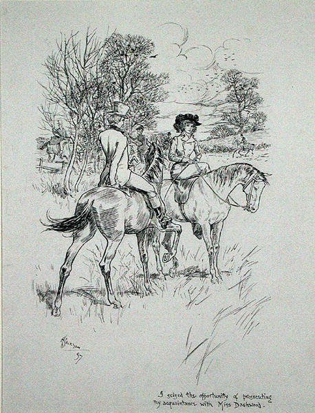 "انتهزت فرصة مقاضاة معارفي مع الآنسة داشوود" ، رسم توضيحي من "The Irish Dragoon" بقلم تشارلز أومالي ، نُشر عام 1897 (قلم حبر وحبر على ورق) بواسطة آرثر راكهام