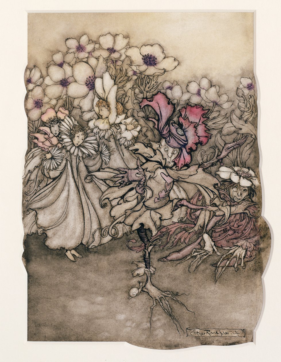 رسم توضيحي من بيتر بان في حدائق كينسينغتون بواسطة JM Barrie (1860-1937) 1906 (قلم وحبر مع مرحاض على ورق) بواسطة آرثر راكهام