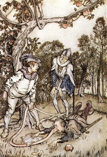 رسم إيضاحي من "The Nose Tree" من Fairy Tales of the Brothers Grimm بواسطة آرثر راكهام