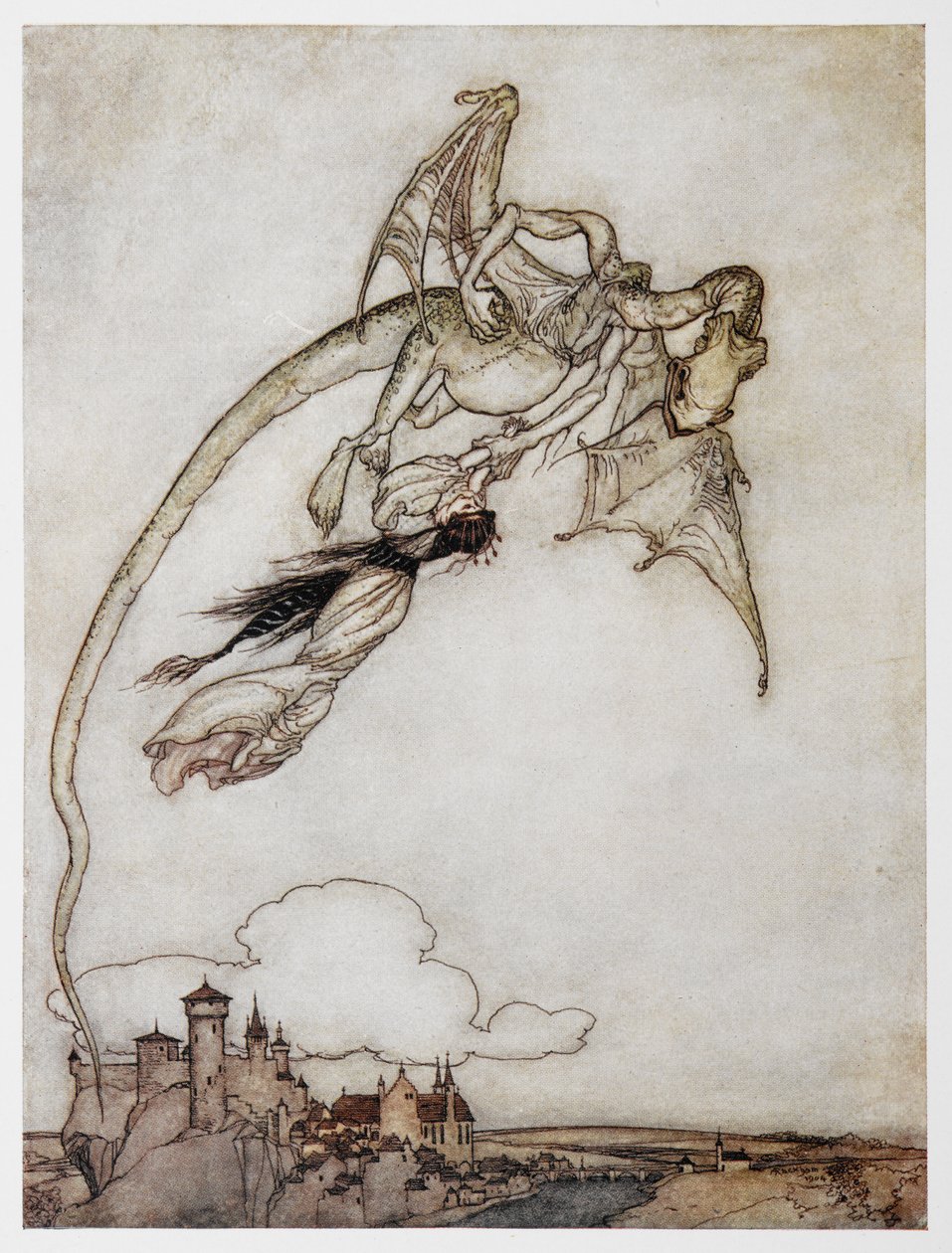رسم توضيحي لتنين يحمل الأميرة من The Four Clever Brothers. بواسطة آرثر راكهام